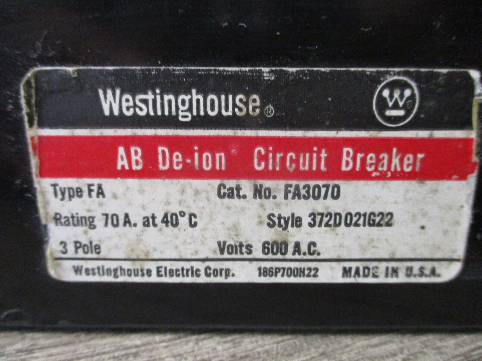 Westinghouse AB De-Ion Circuit Breaker FA3070 70A 600V 3P Used