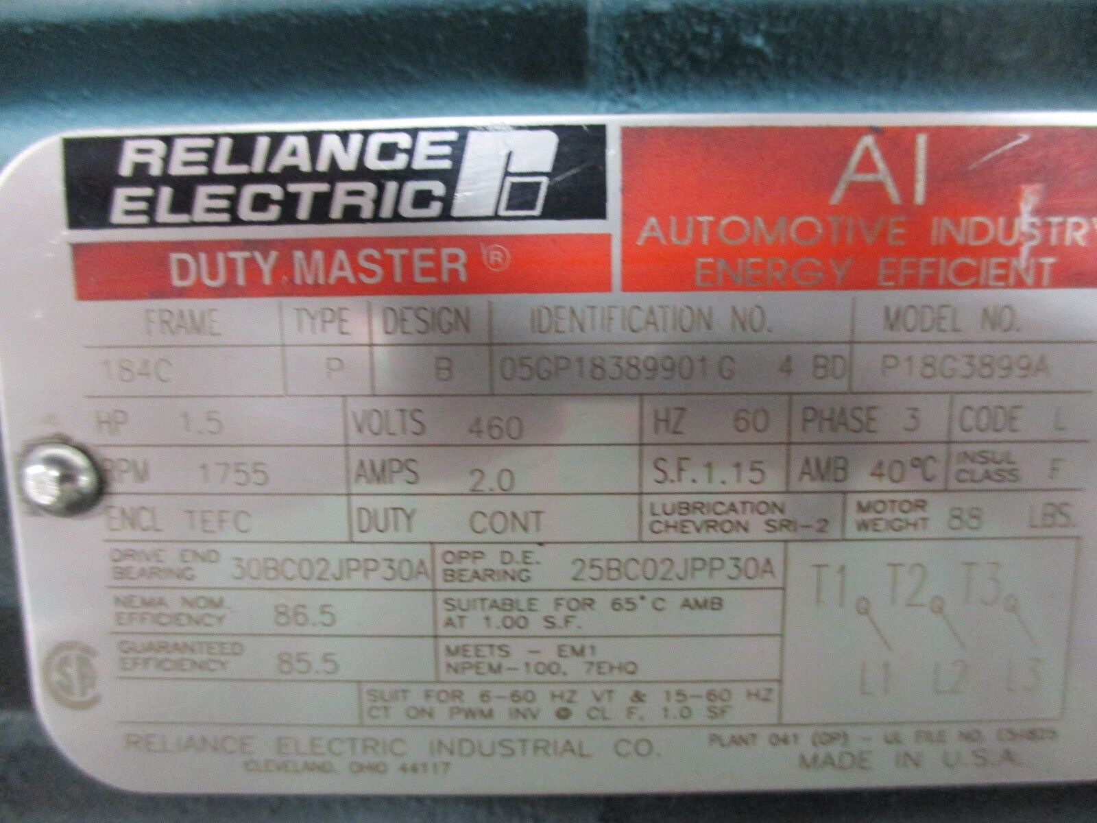 Reliance AI Duty Master AC Motor P18G3899A 1.5HP 1800RPM 460V 2A 60Hz 3Ph Used