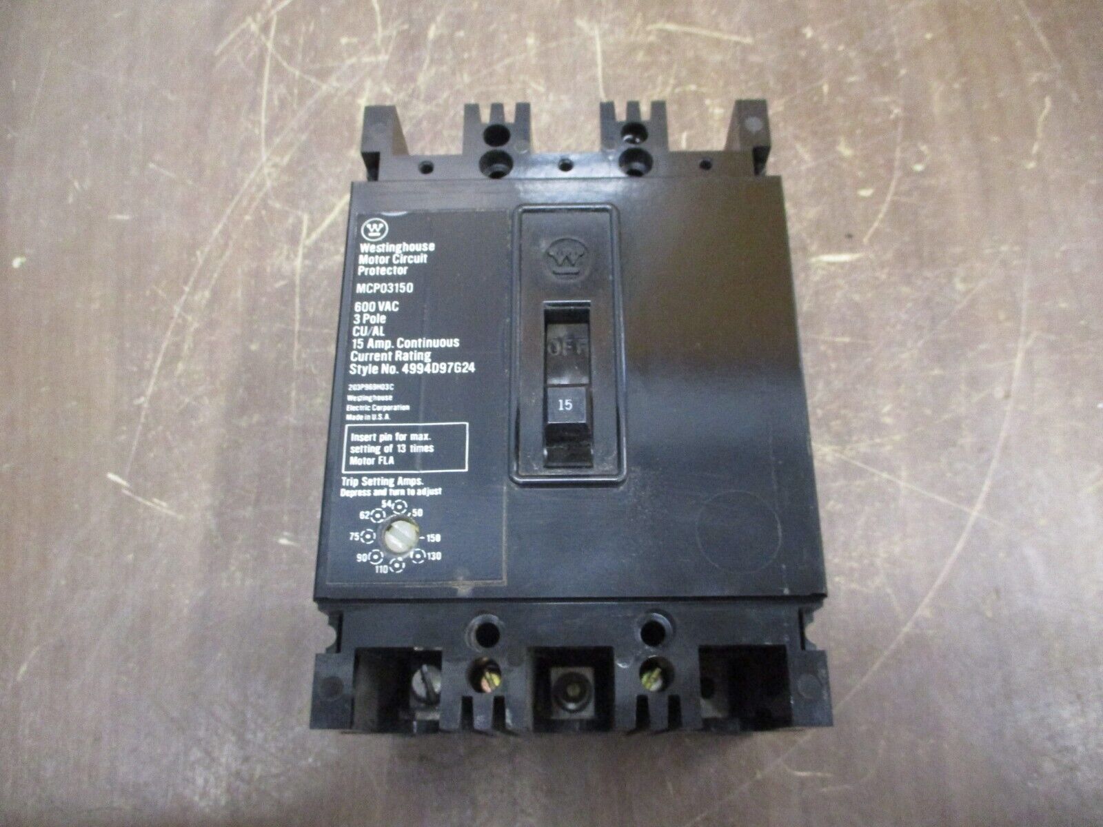 Westinghouse Motor Protector Circuit Breaker MCP03150 15A Trip: 50-150A 600V 3P