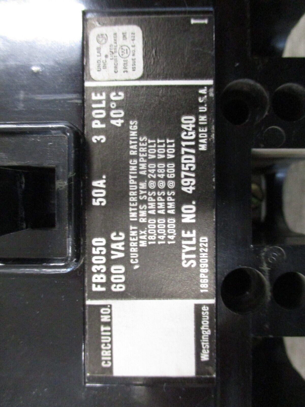 Westinghouse Circuit Breaker FB3050 50A 600V 3P Used