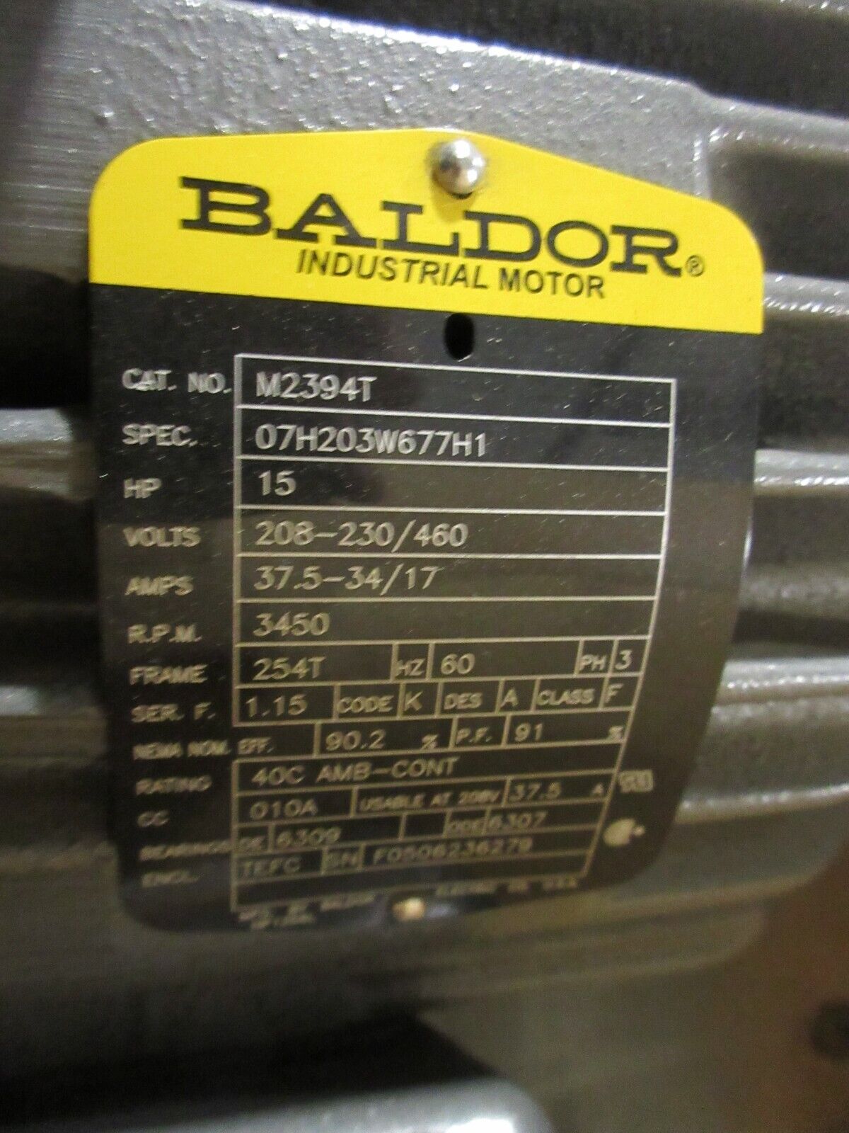 Baldor Standard-E AC Motor M2394T 15HP 3600RPM 208-230/460V 3Ph New Surplus