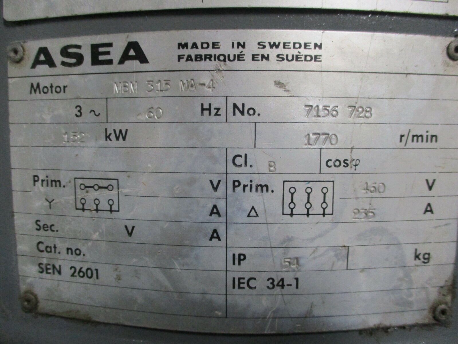 ASEA AC Motor MBM 315 MA-4 200HP 1800RPM FR: IEC 34-1 460V 235A 60Hz Used