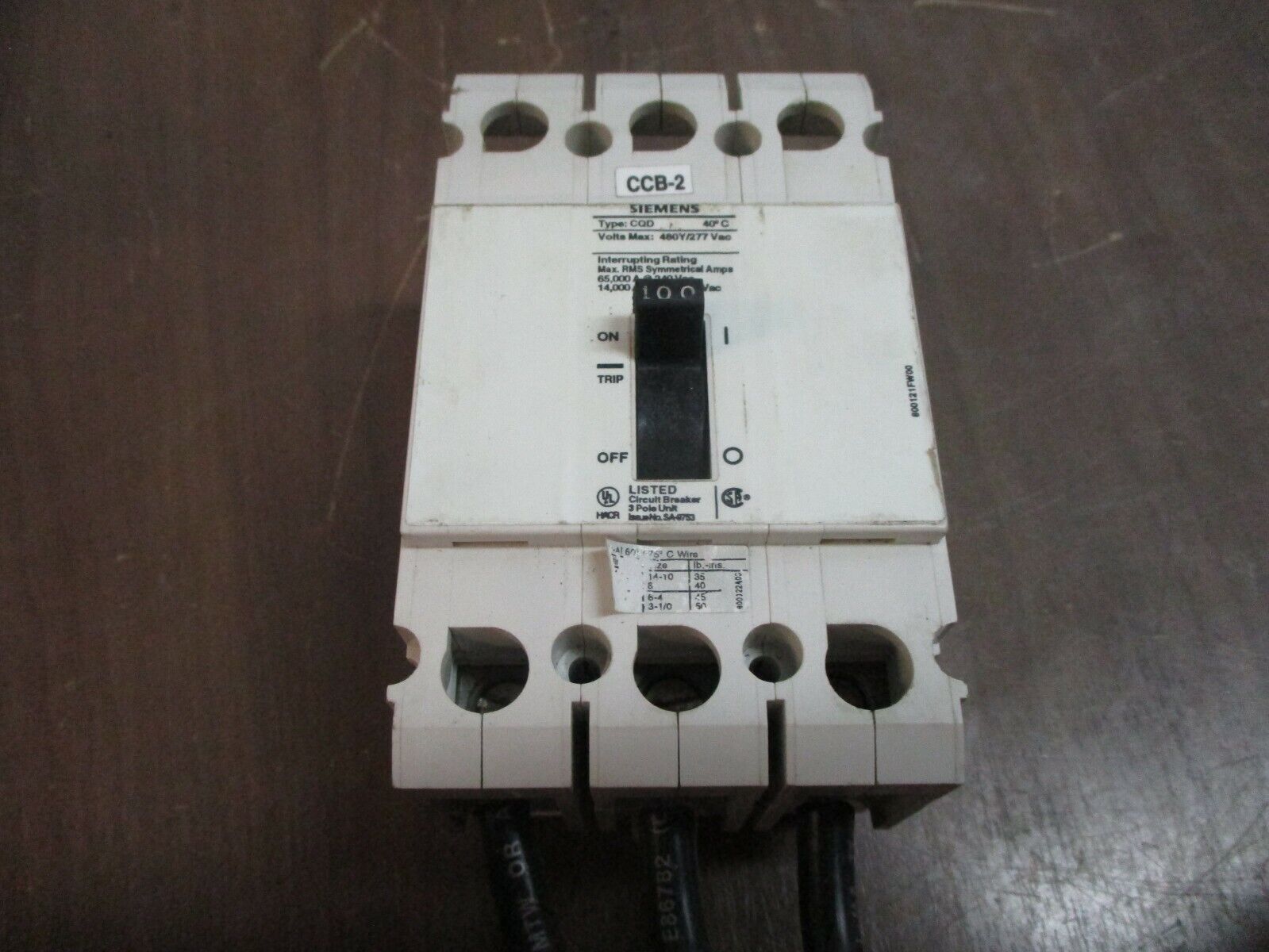 Siemens Circuit Breaker CQD3100 100A 480Y/277V 3P Used