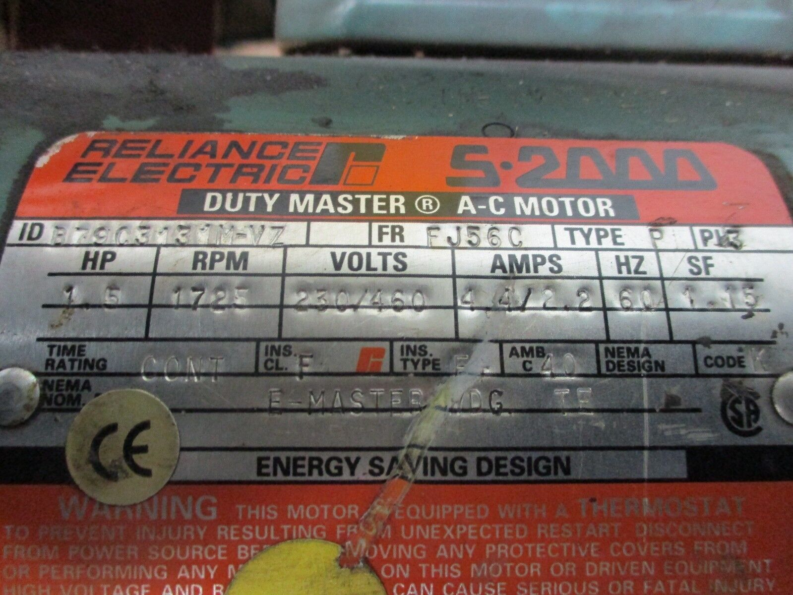 Reliance Duty Master Motor w/ Gear & Brake B79C3131M-VZ 1.5HP 1800RPM FR:FJ56C