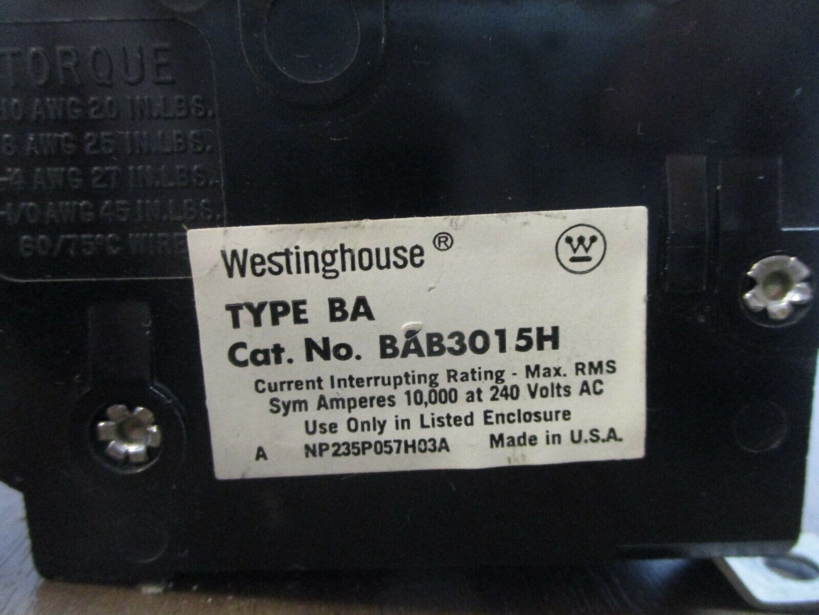 Westinghouse BA Bolt-On Circuit Breaker BAB3015H 15A 240V 3P Used