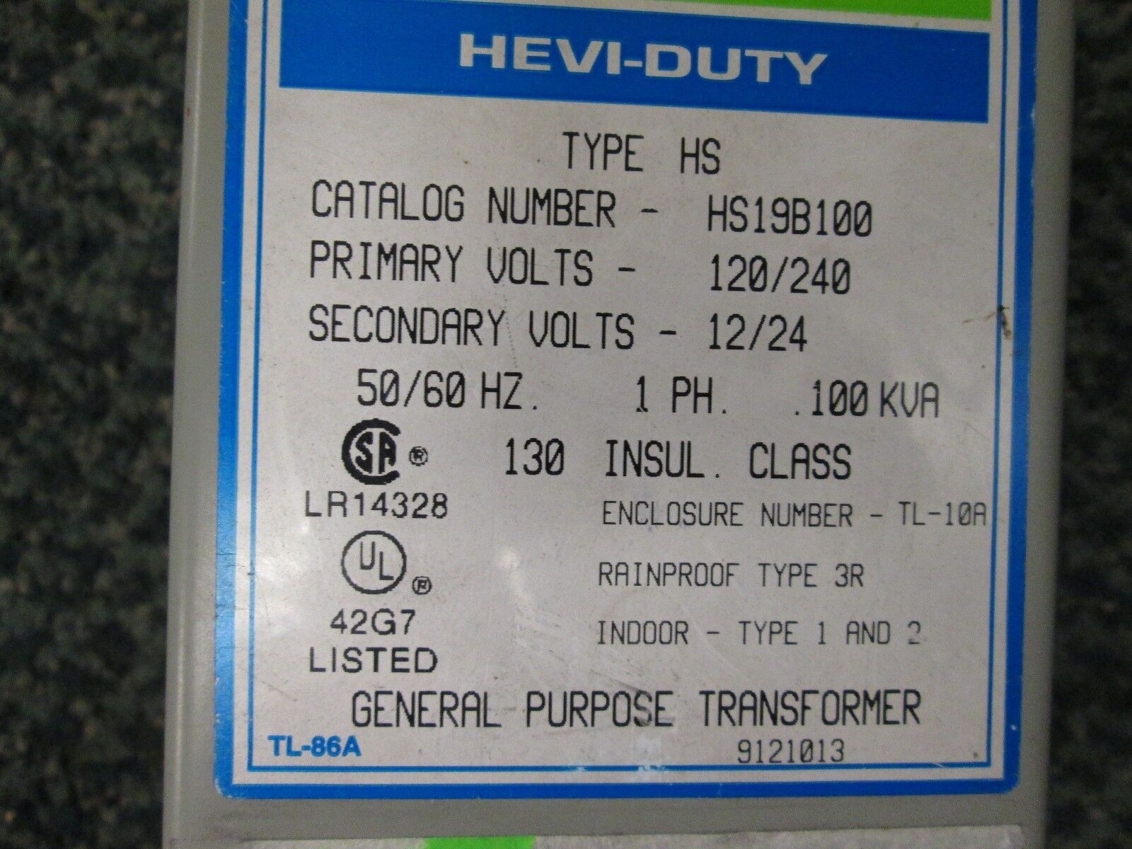 Hevi-Duty Transformer HS19B100 Pri 120/240 Sec 12/24 1Ph .100KVA