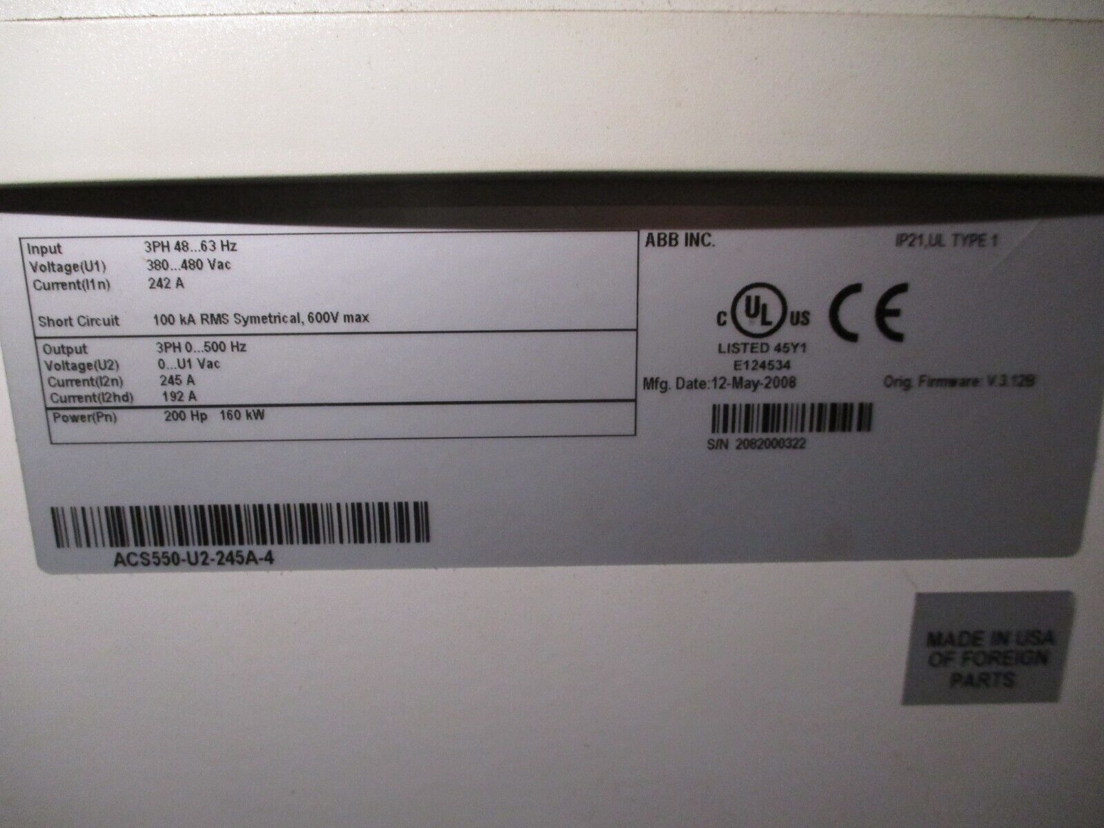 ABB ACS550 AC Drive ACS550-U2-245A-4 200HP 3Ph w/ Keypad Used