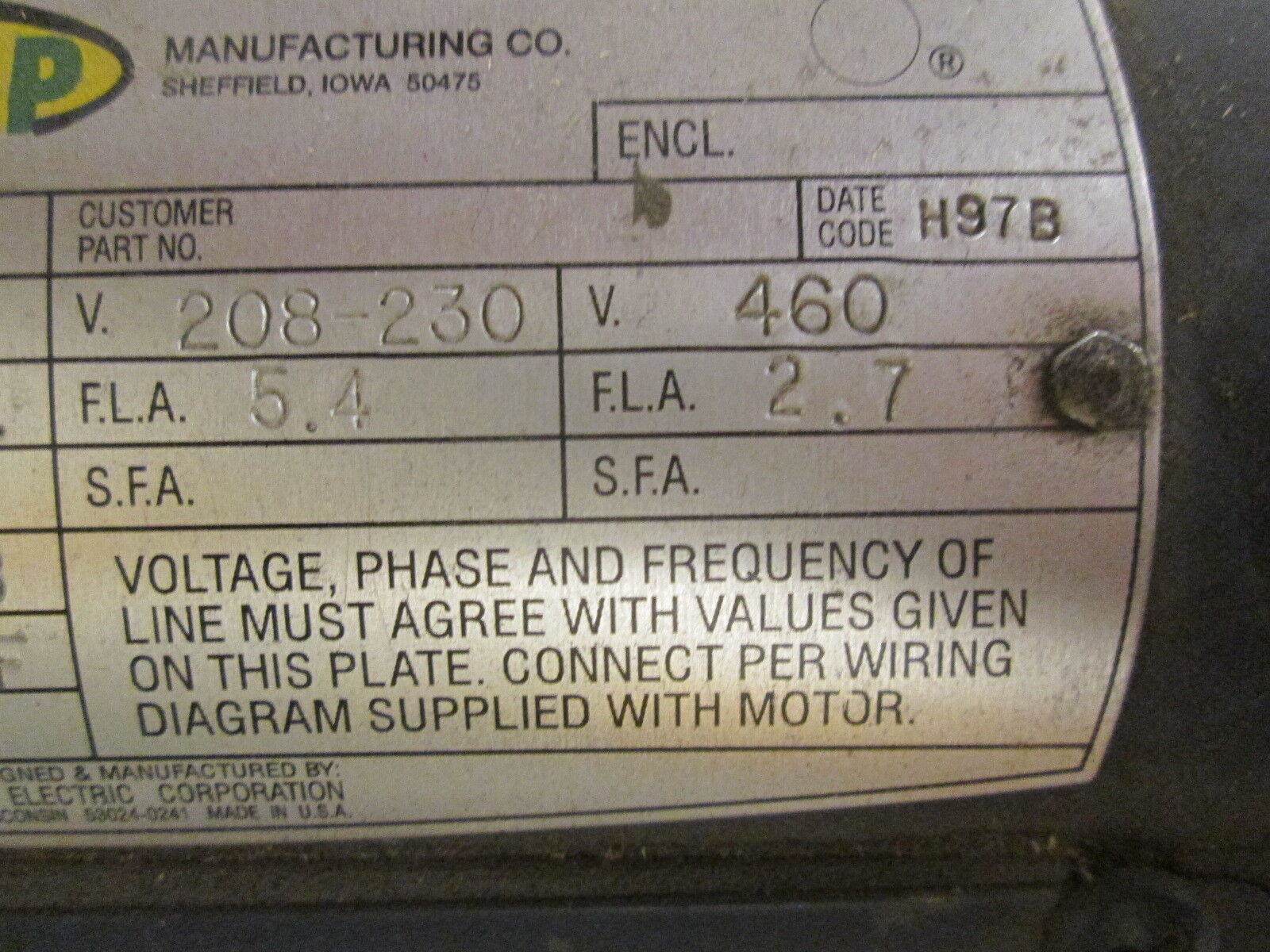 Sukup P6T17FB6F AC Motor 110235.00 1½HP 1725RPM FR: F56Z 208-230/460V 3Ph Used