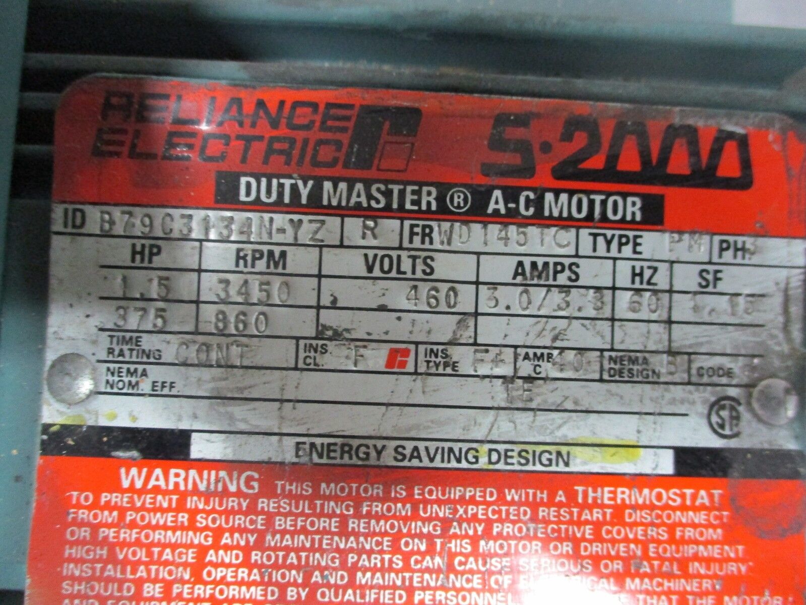 Reliance Duty Master AC Motor B79C3134N-YZ 1.5HP 3500RPM FR:WD145TC 460V Used