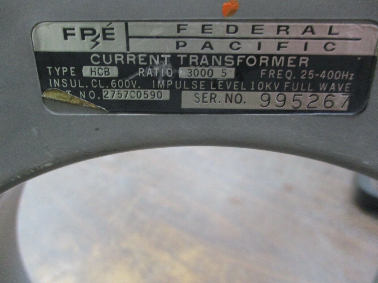 FPE Type HCB Current Transformer 2757C0590 Ratio 3000:5A 600V 25-400Hz Used