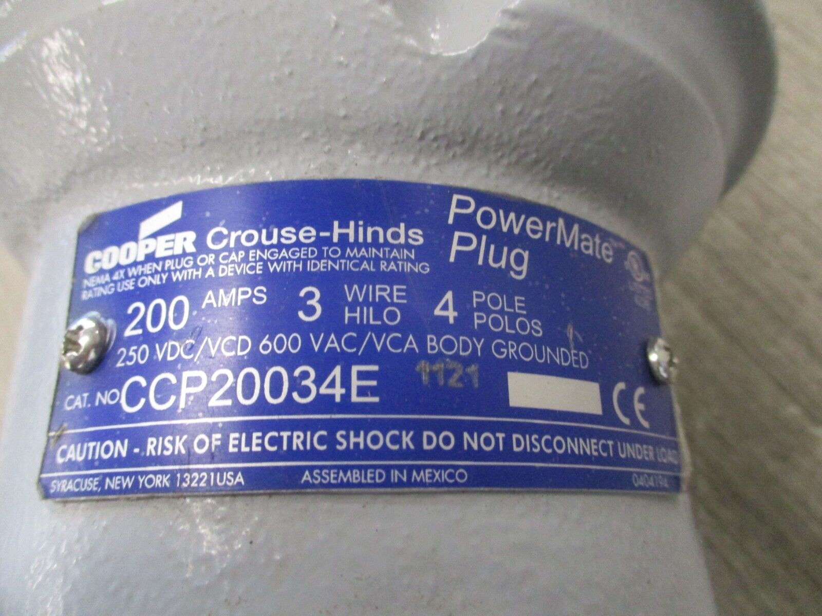 Cooper Crouse-Hinds Power-Mate Plug CCP20034E 200A 600V 3W 4P Used