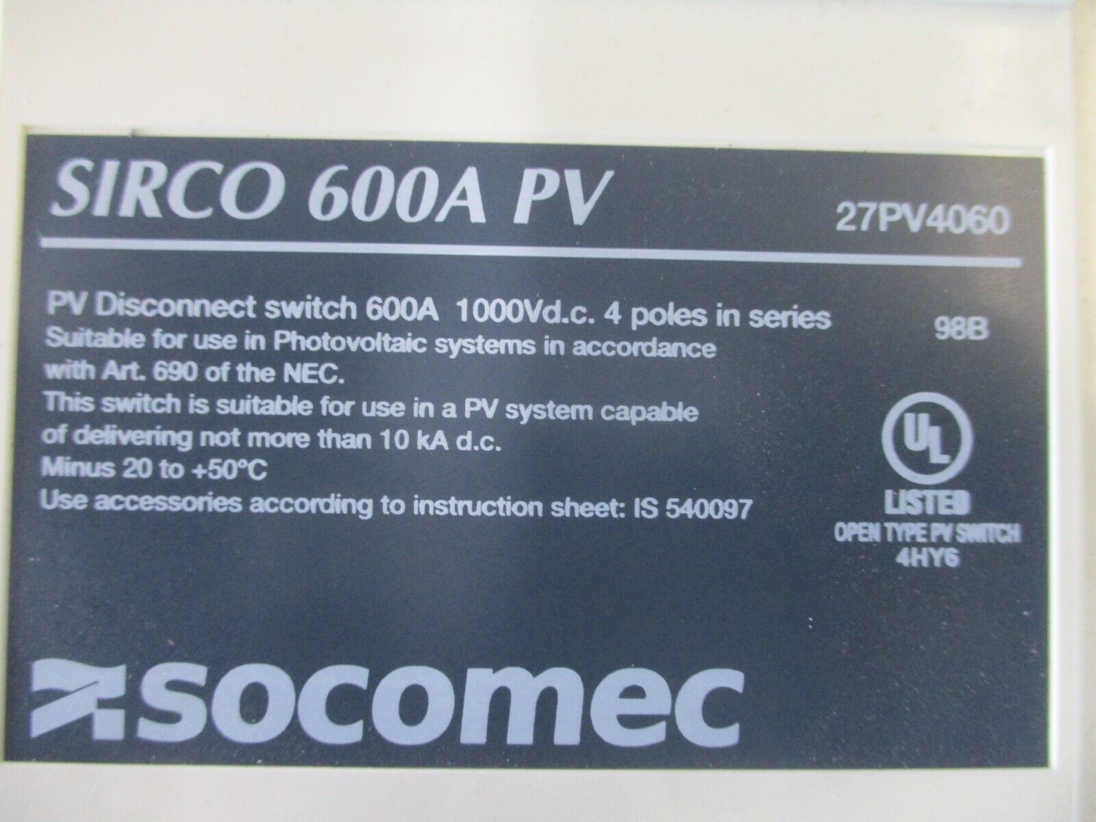 Socomec Sirco DC PV Disconnect Switch 27PV4060 600A 1000VDC *No Handle* Used.