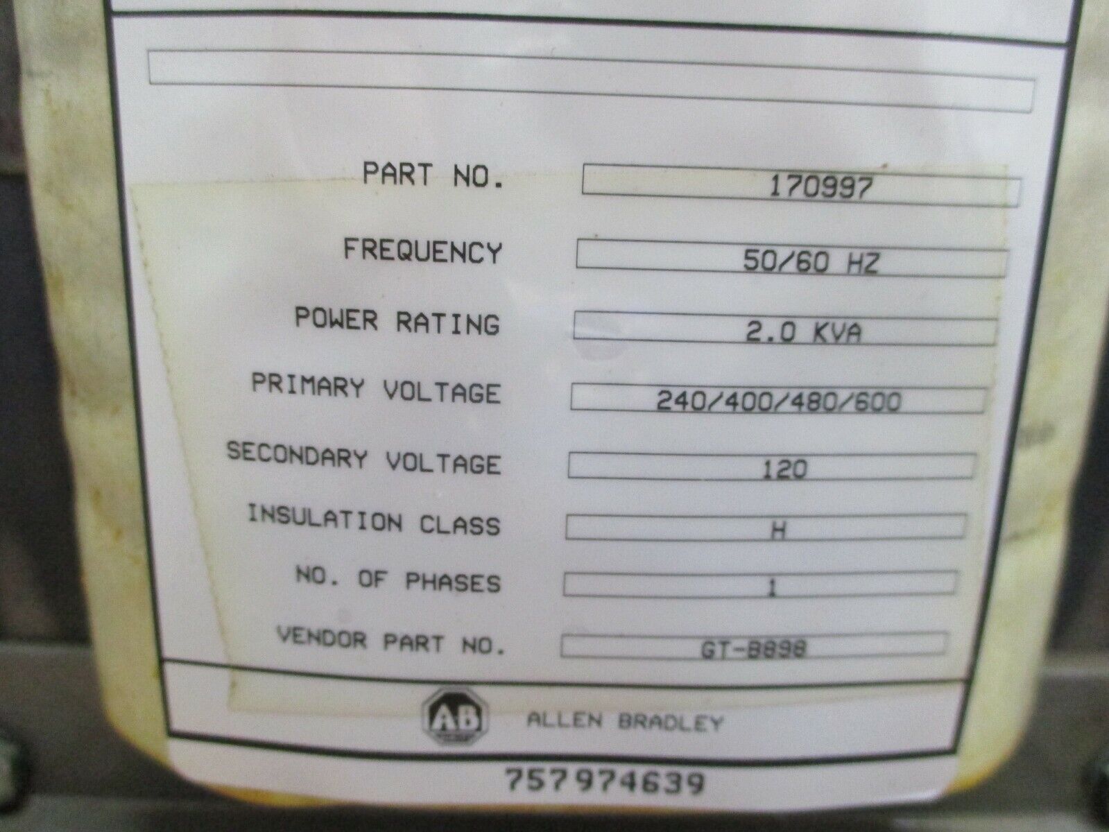 Allen-Bradley Transformer 170997 2.0 kVA Pri:240/400/480/600V Sec:120V 1Ph Used