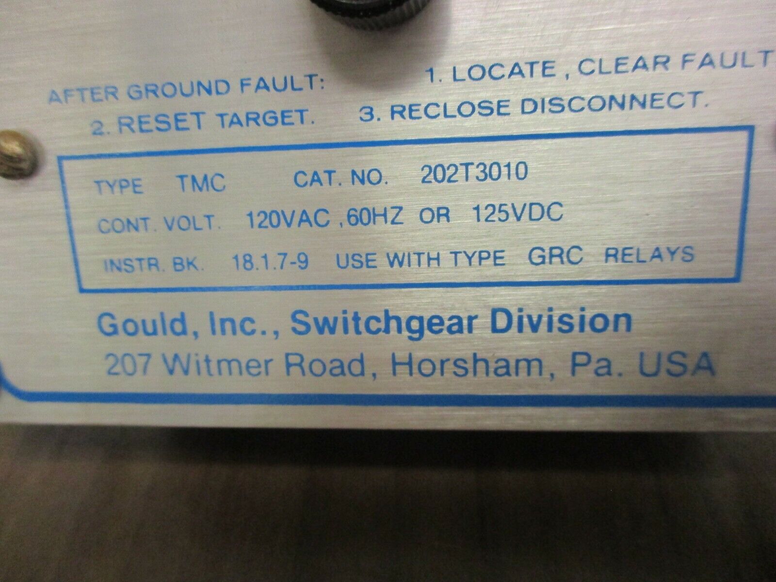 Gould Ground Shield Ground Fault Monitor 202T3010 120VAC 60Hz 125VDC Used