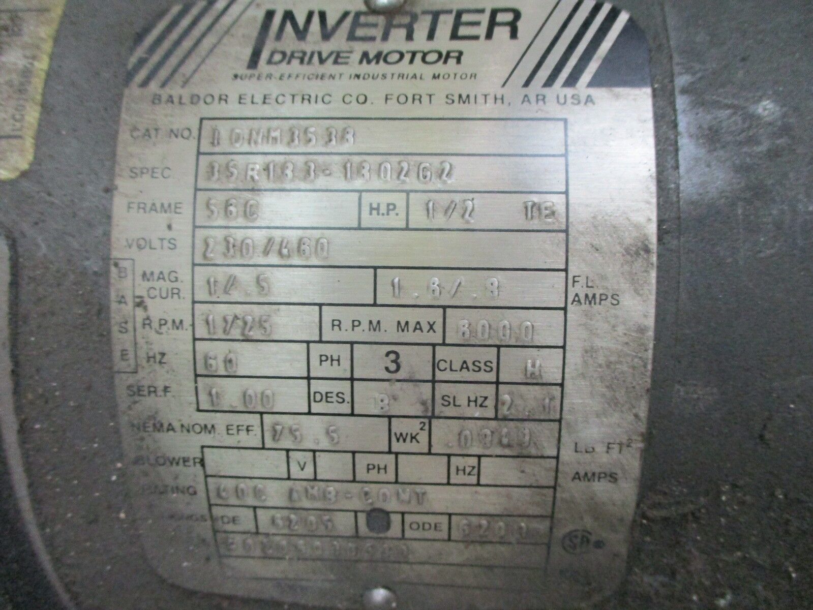 Inverter AC Motor w/ Gear 10NM3538 Frame:56C 1/2HP 230/460V 1800RPM 1.6/.8A Used