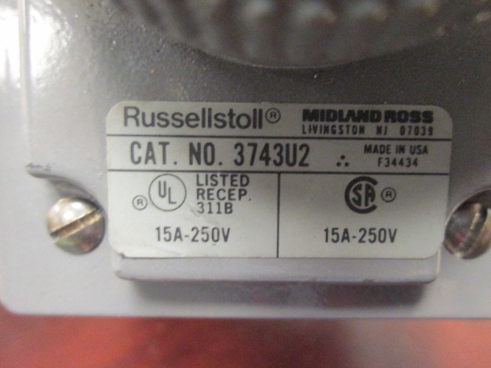 RusselStoll Receptacle w/ Base 3743U2 15A 250V Used