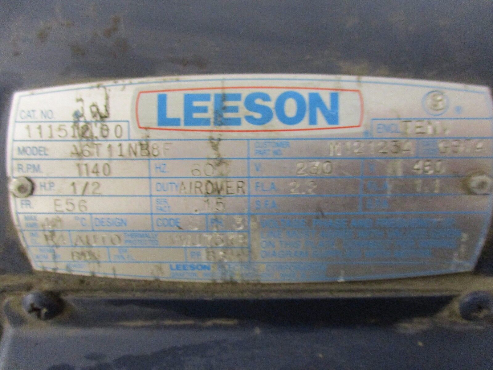 Leeson AC Motor 111512.00 1/2HP 1140RPM E56 Frame 230/460V 2.2/1.1A 3PH Used