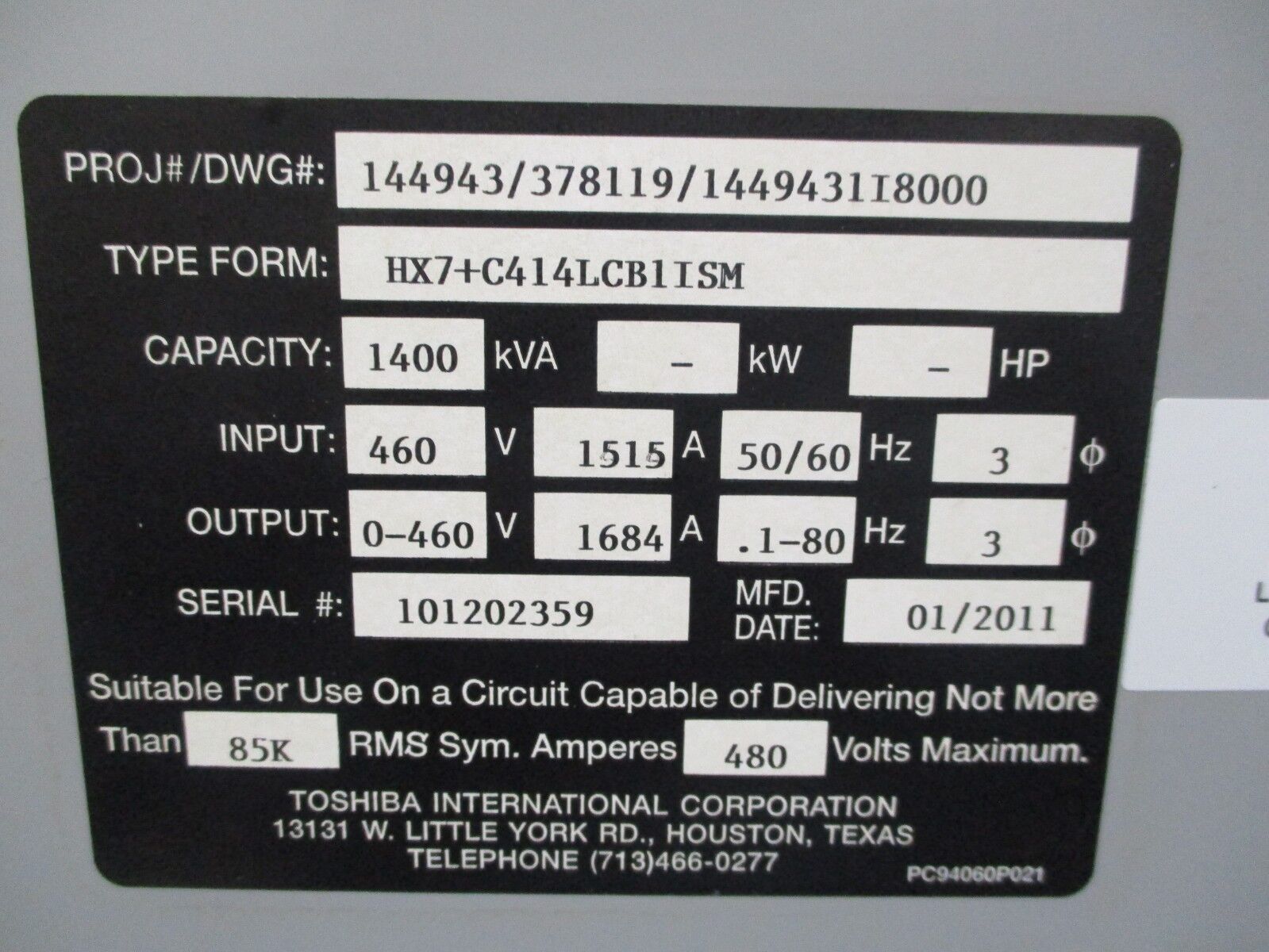 Carrier 1500 Ton VFD Drive HX7+C414LCB1ISM 1721 F1A 480V 1400KVA 3Ph MFD: 2011