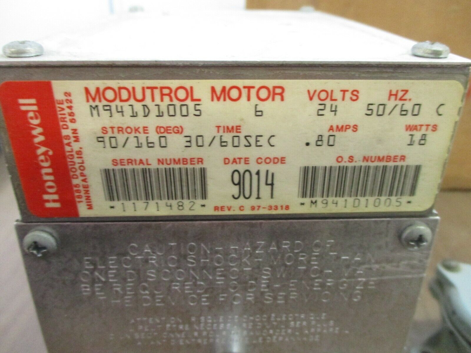 Honeywell Modutrol Motor M941D1005 24V 50/60Hz Stroke: 90/160 Time: 30/60 Sec