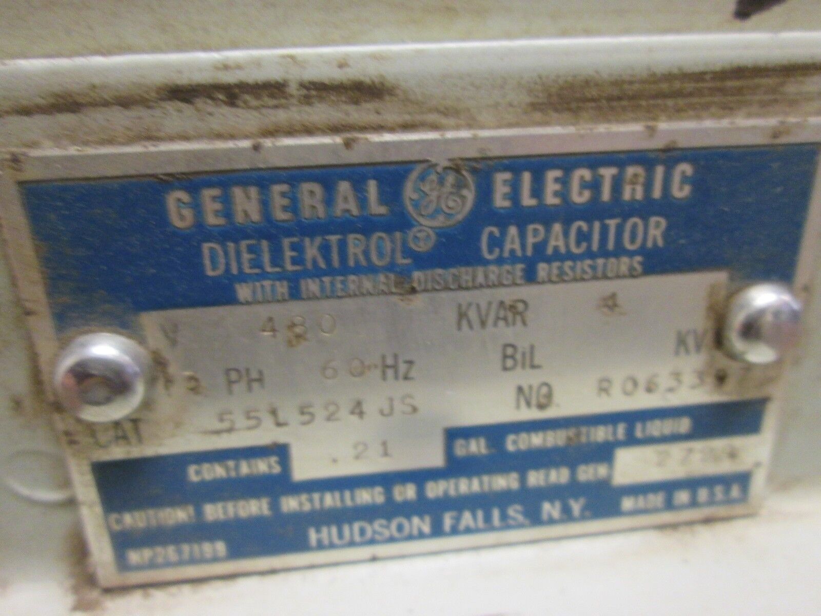 GE Dielektrol Capacitor 55L524JS 4KVAR 480V 60Hz 3Ph Used