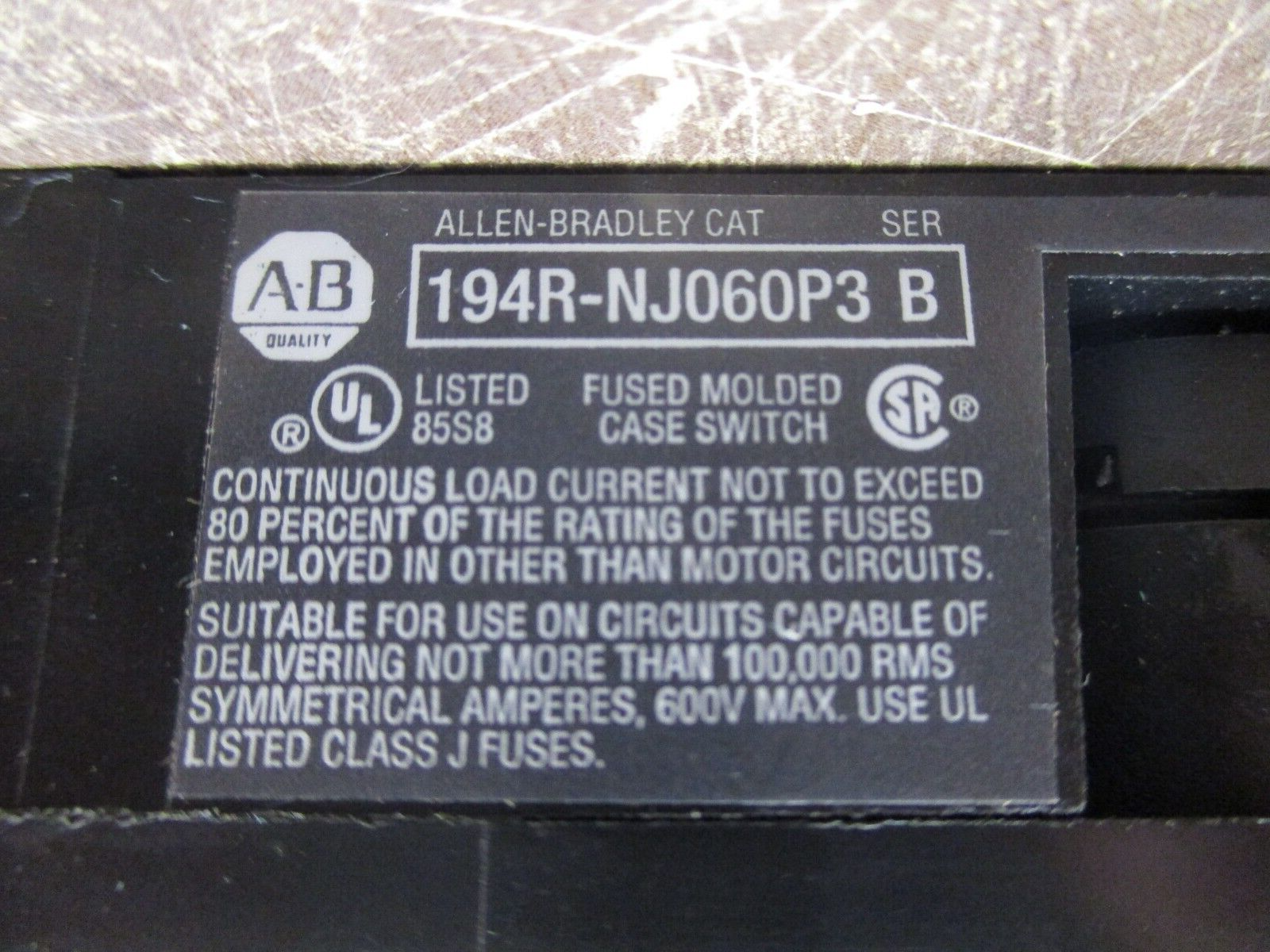 Allen-Bradley Fusible Disconnect Switch 194R-NJ060P3 Ser. B 60A 600V 3P Used