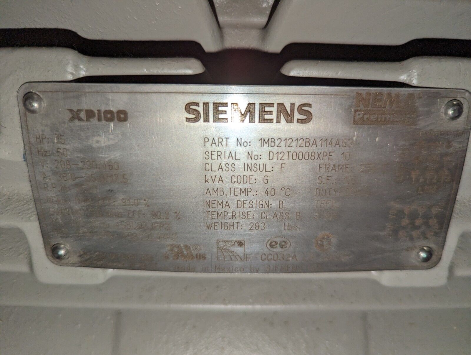 Siemens Motor 1MB21212BA114A63 15HP 3600RPM 208-230/460V 38-35/17.5A 60Hz 3Ph