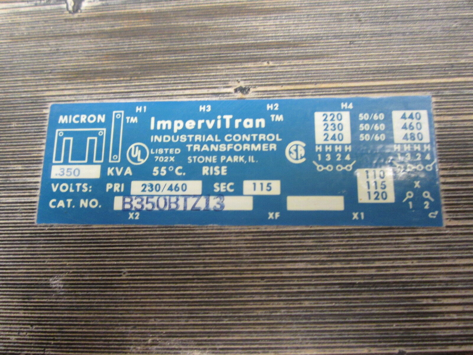 Micron Impervitran Control Transformer B350BTZ13 Pri:230/460V Sec:115V 50/60Hz