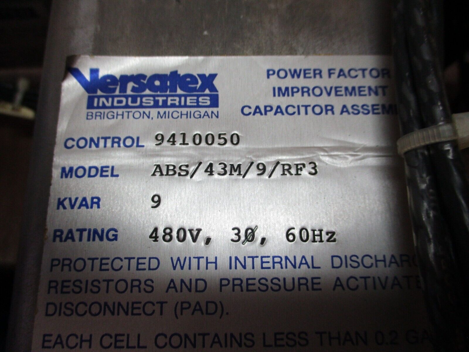 Versatex Capacitor Assembly ABS/43M/9/RF3 9 kVAR 480V 3Ph 60Hz Used