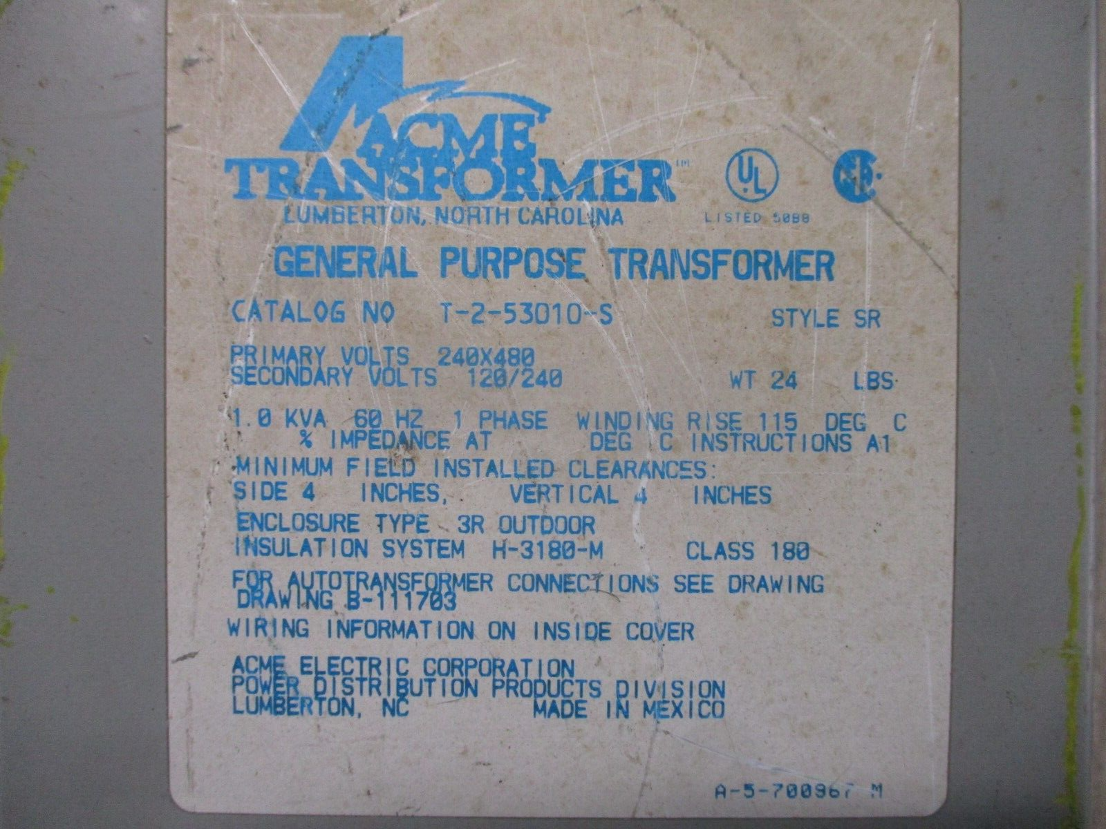 Acme Transformer SR Transformer  T-2-53010-S 1.0KVA Pri: 240/480V Sec: 120/240V