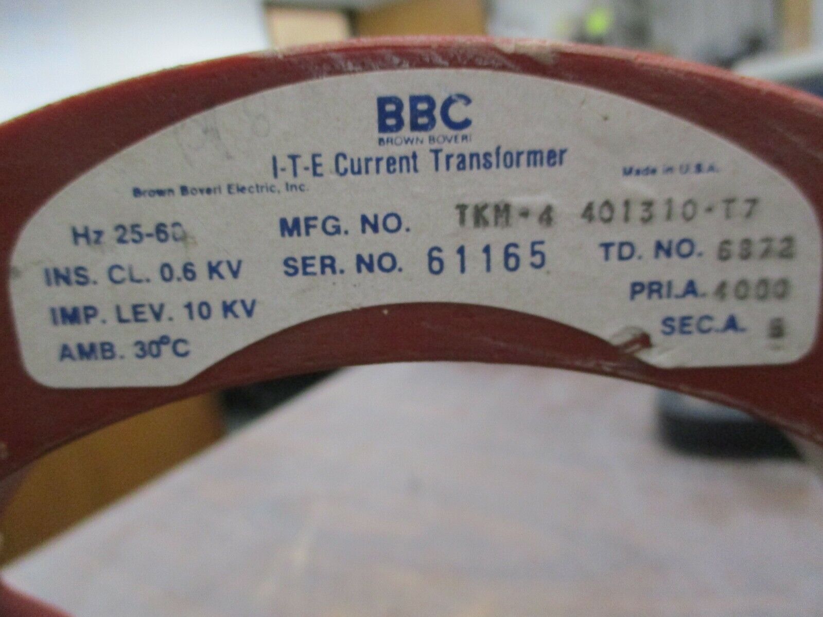 BBC ITE Current Transformer TKM-4 401310-T7 Ratio: 4000:5A 25-60Hz 600V 10KV BIL