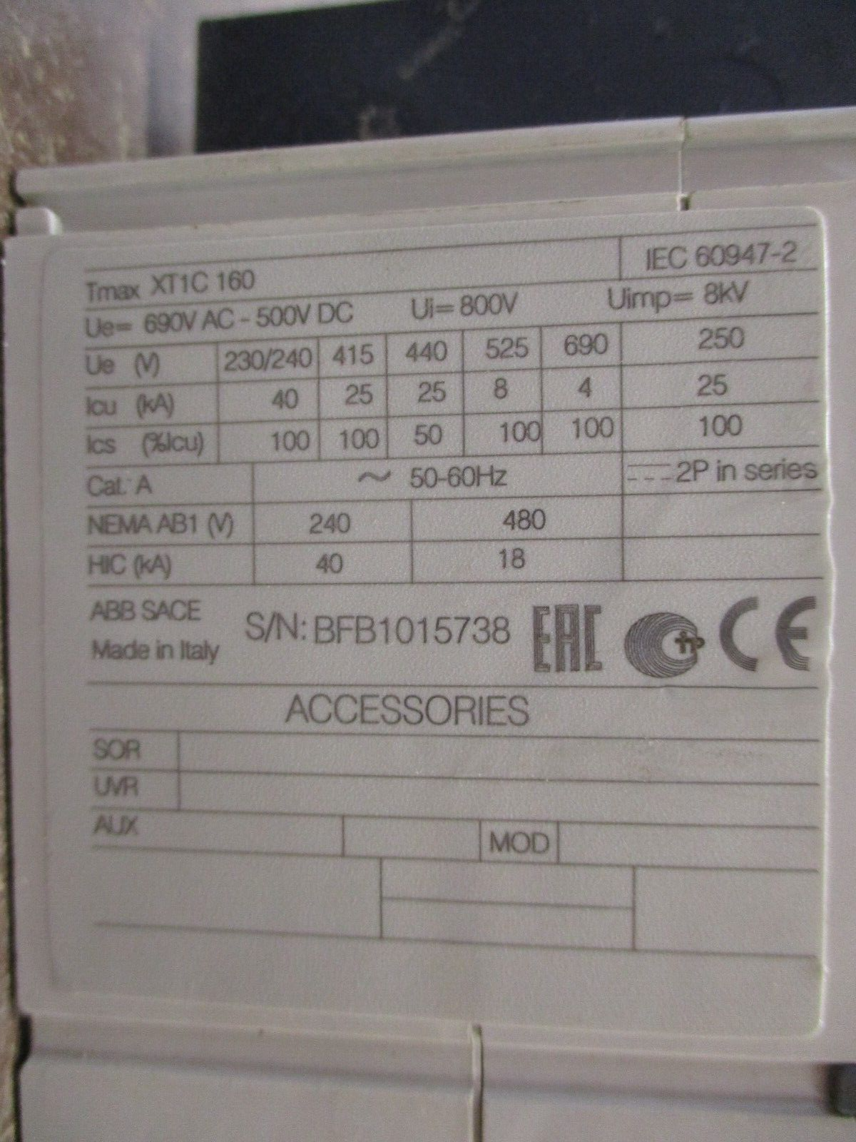 ABB SACE Tmax Circuit Breaker XT1C 160 80A 240/480V 3P Used