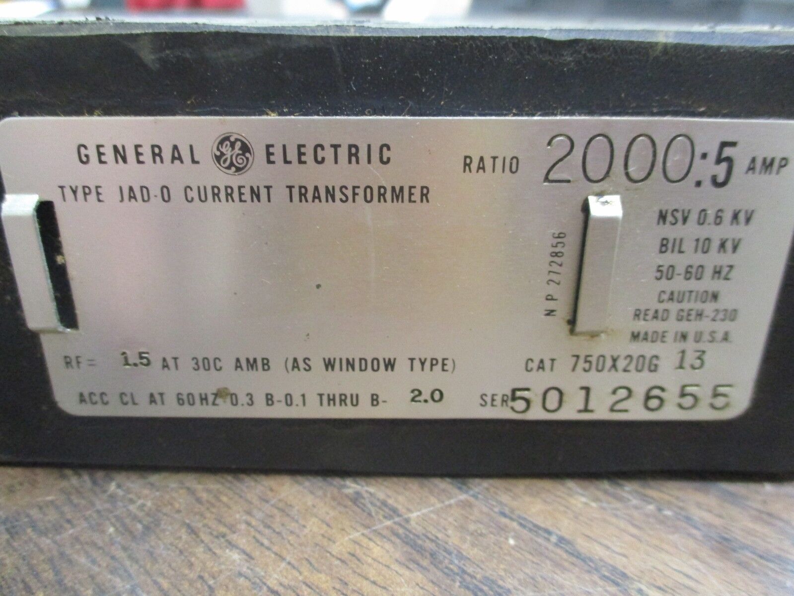 GE Type JAD-0 Current Transformer 750X20G13 Ratio 2000:5A 600V 10KV BIL Used