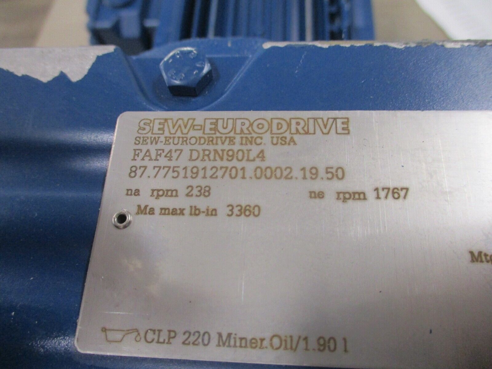 Sew-Eurodrive Gearmotor FAF47 DRN90L4 Ratio 17.44 238 RPM Out 2HP 230/460V