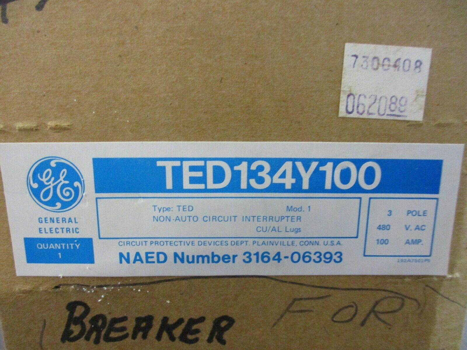 GE TED Circuit Breaker TED134Y100 100A 480V 3P New Surplus