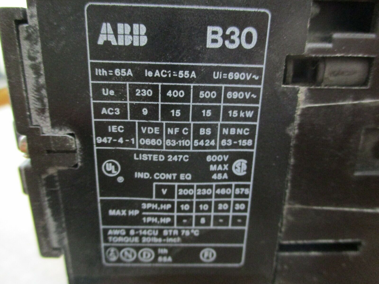 ABB Contactor B30 120V Coil 45A 600V Used