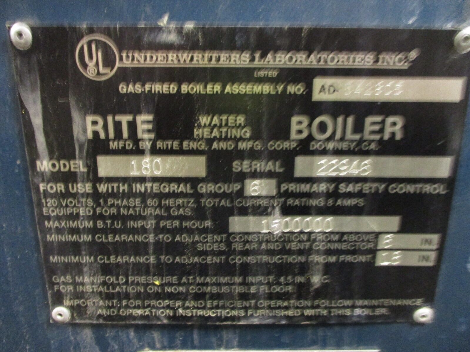 Rite Boiler Natural Gas 125PSI Water Boiler 180 1,500,000BTU 120V 1Ph 60Hz