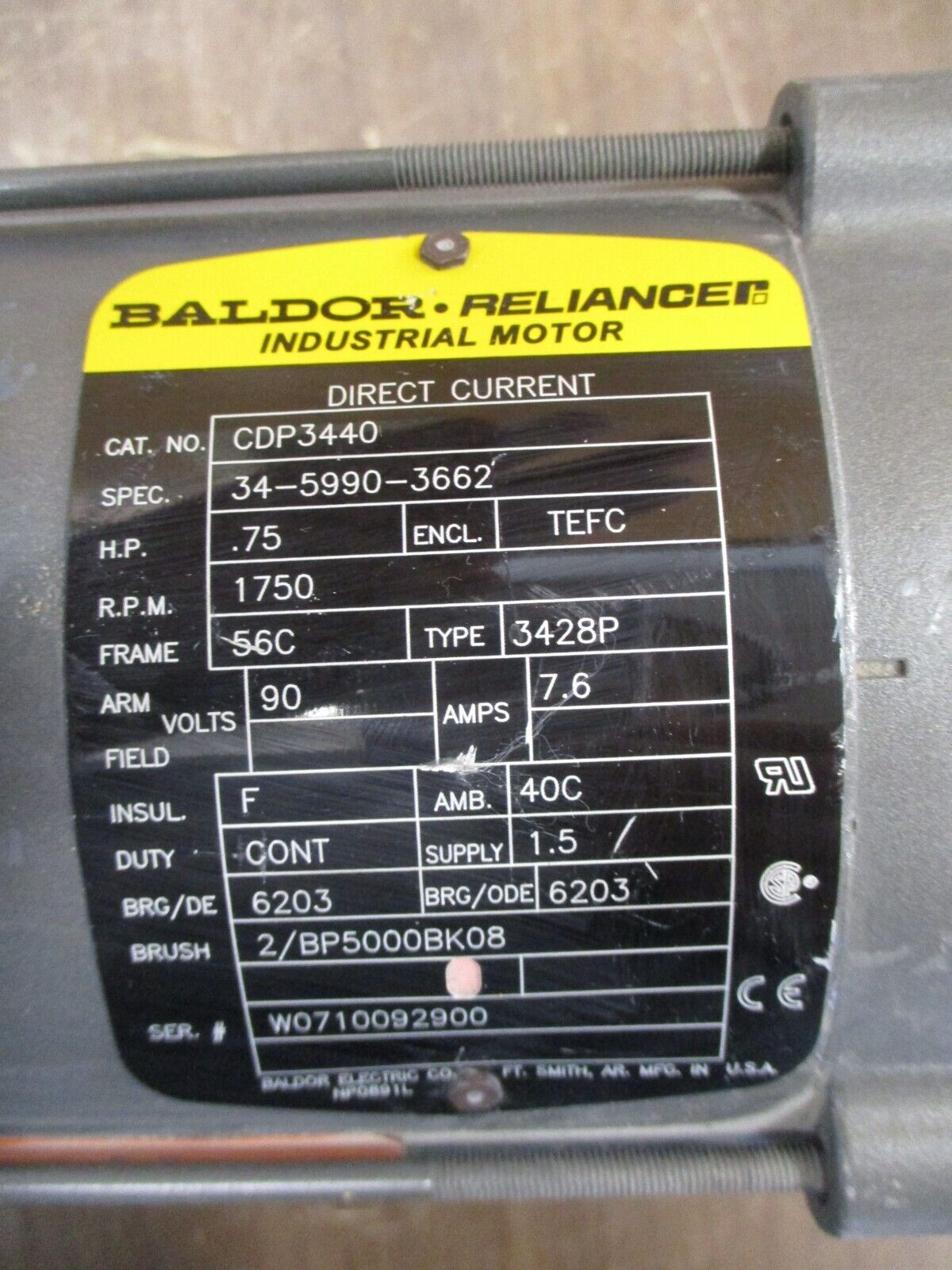 Baldor Type 3428P DC Motor CDP3440 0.75HP 1800RPM 90V 7.6A 56C Frame Used