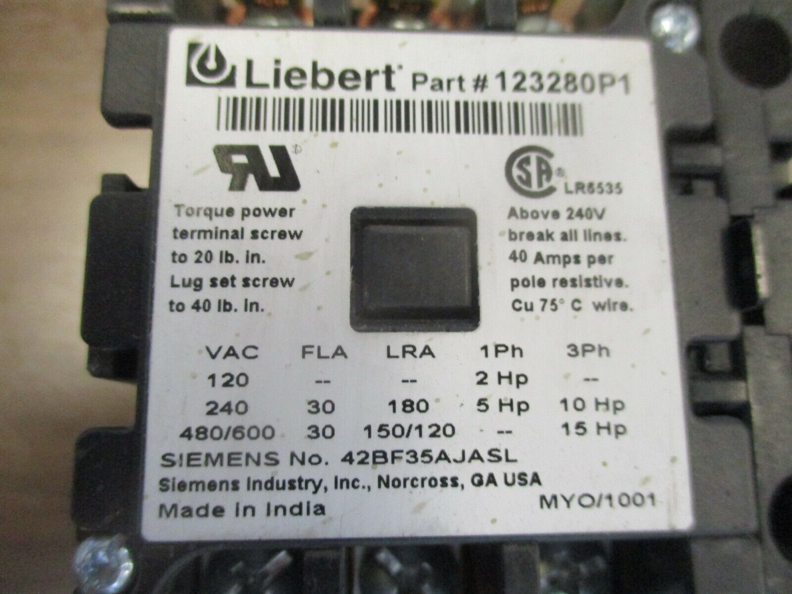 Liebert Contactor 123280P1 24V Coil 30A 600V Used