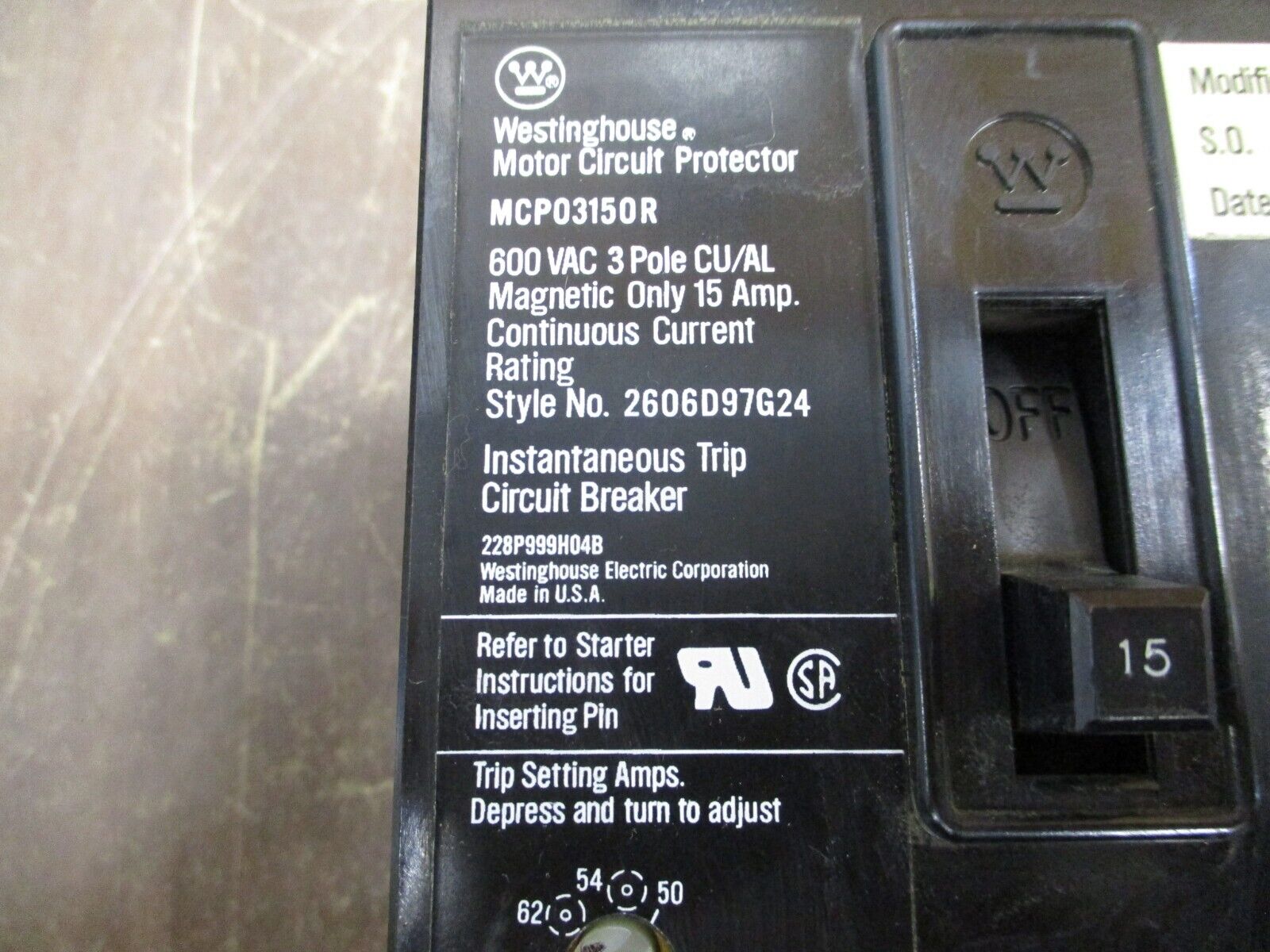 Westinghouse Motor Protector Circuit Breaker MCP03150R 15A 600V Trip: 50-150A 3P