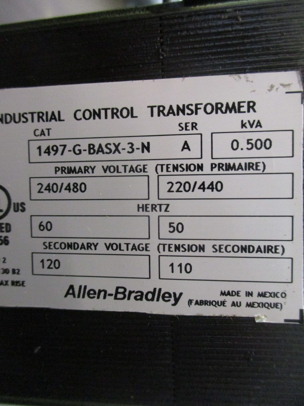 Allen-Bradley Control Transformer 1497-G-BASX-3-N Ser. A 0.500kVA Pri: 240/480V