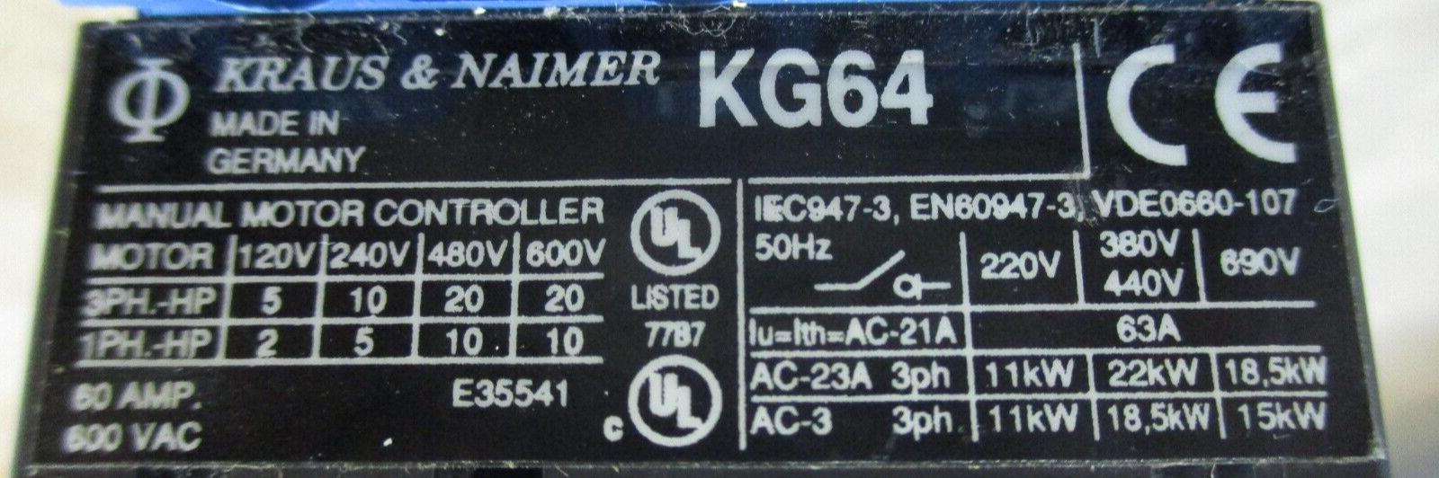 Kraus & Naimer Disconnect Switch KG64 60A 600V *No Handle* *Bent Handle Rod*