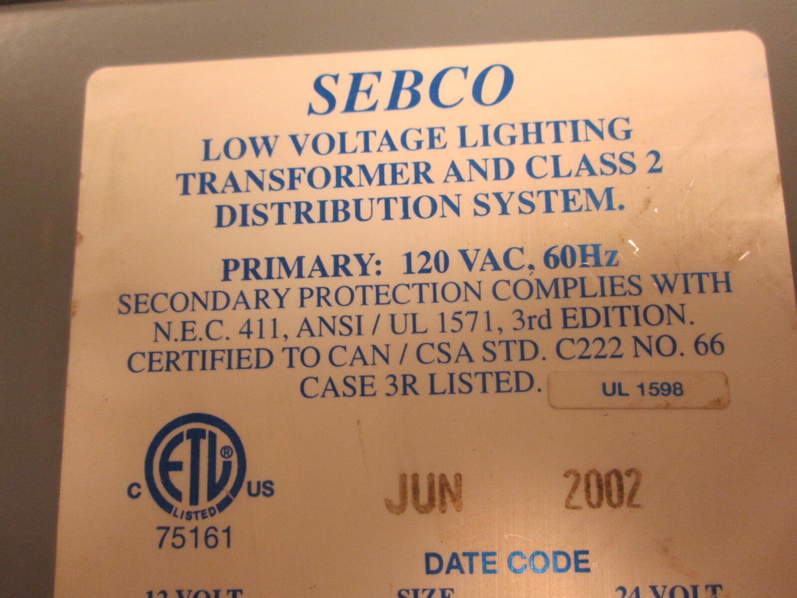 Sebco Low Voltage Lighting Transformer 1107 Pri:120V 50/60Hz Sec:12V 100W Used