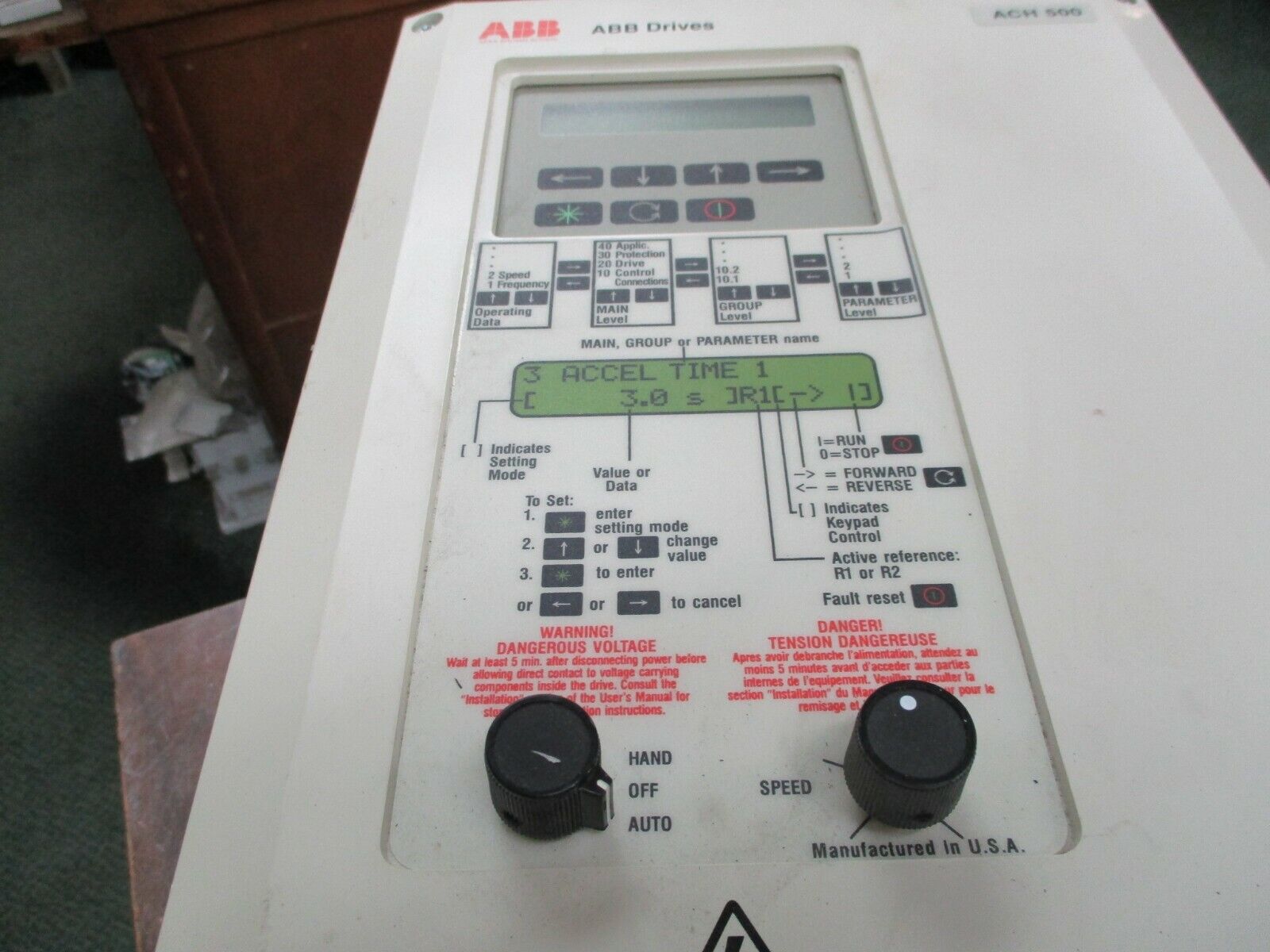 ABB ACH500 AC Drive w/ Disconnect ACH501-007-2-00P2G 7.5HP 3Ph Used