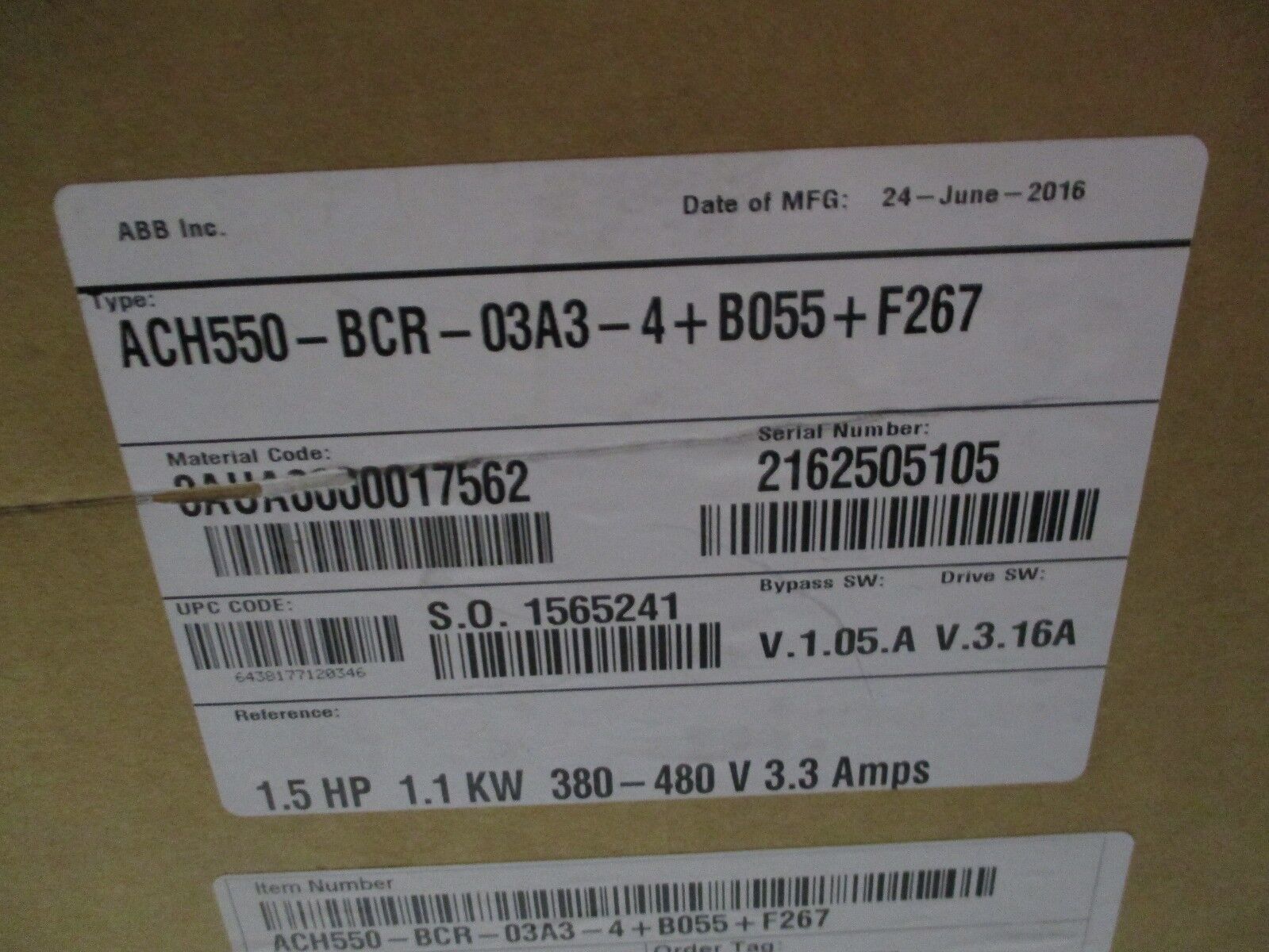 ABB ACH550 AC Drive w/ Bypass ACH550-BCR-04A1-4+B055+F267 2HP New Surplus