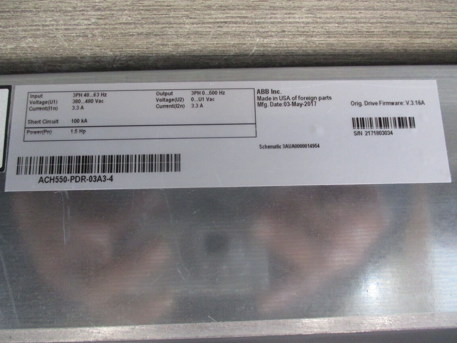 ABB ACH550 AC Drive W/Disconnect ACH550-PDR-03A3-4 1.5HP 3Ph