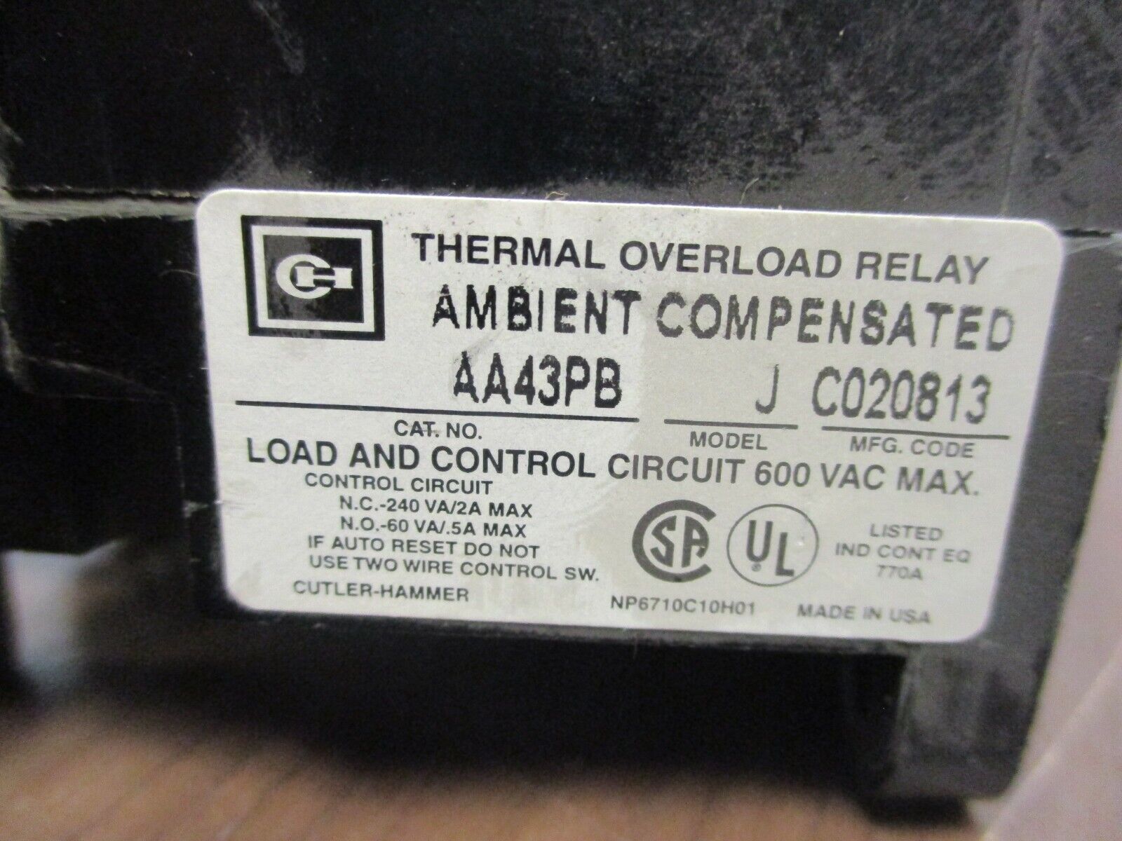 Cutler-Hammer Overload Relay AA43PB J 600V 3P *Missing (1) Screw* Used