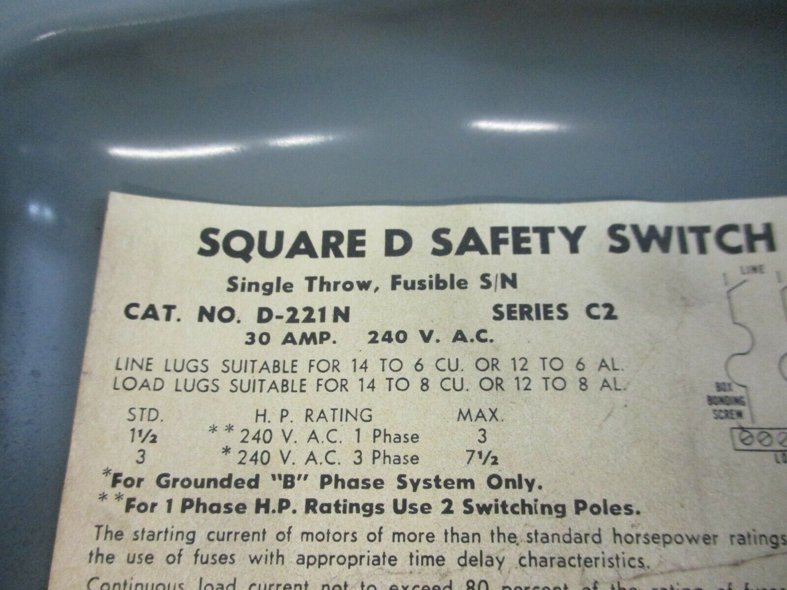 Square D Fusible Safety Switch/Disconnect D-221-N 30A 240V Used