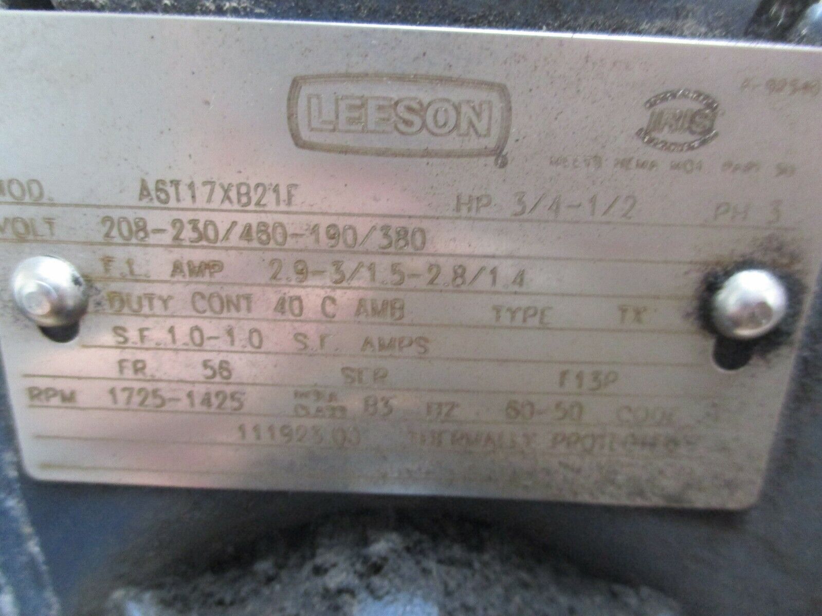 Leeson AC Motor A6T17XB21F 3/4-1/2HP 1725-1425RPM 208-230/460-190/380V Used