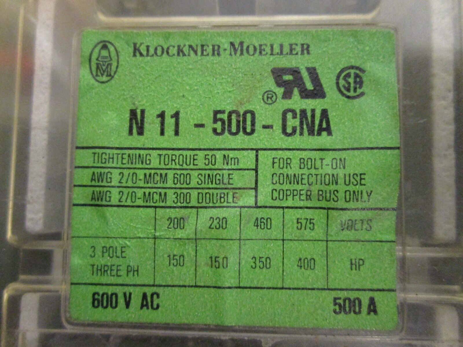 Klockner Moeller Circuit Breaker Disconnect N11-500-CNA 500A 600VAC Used