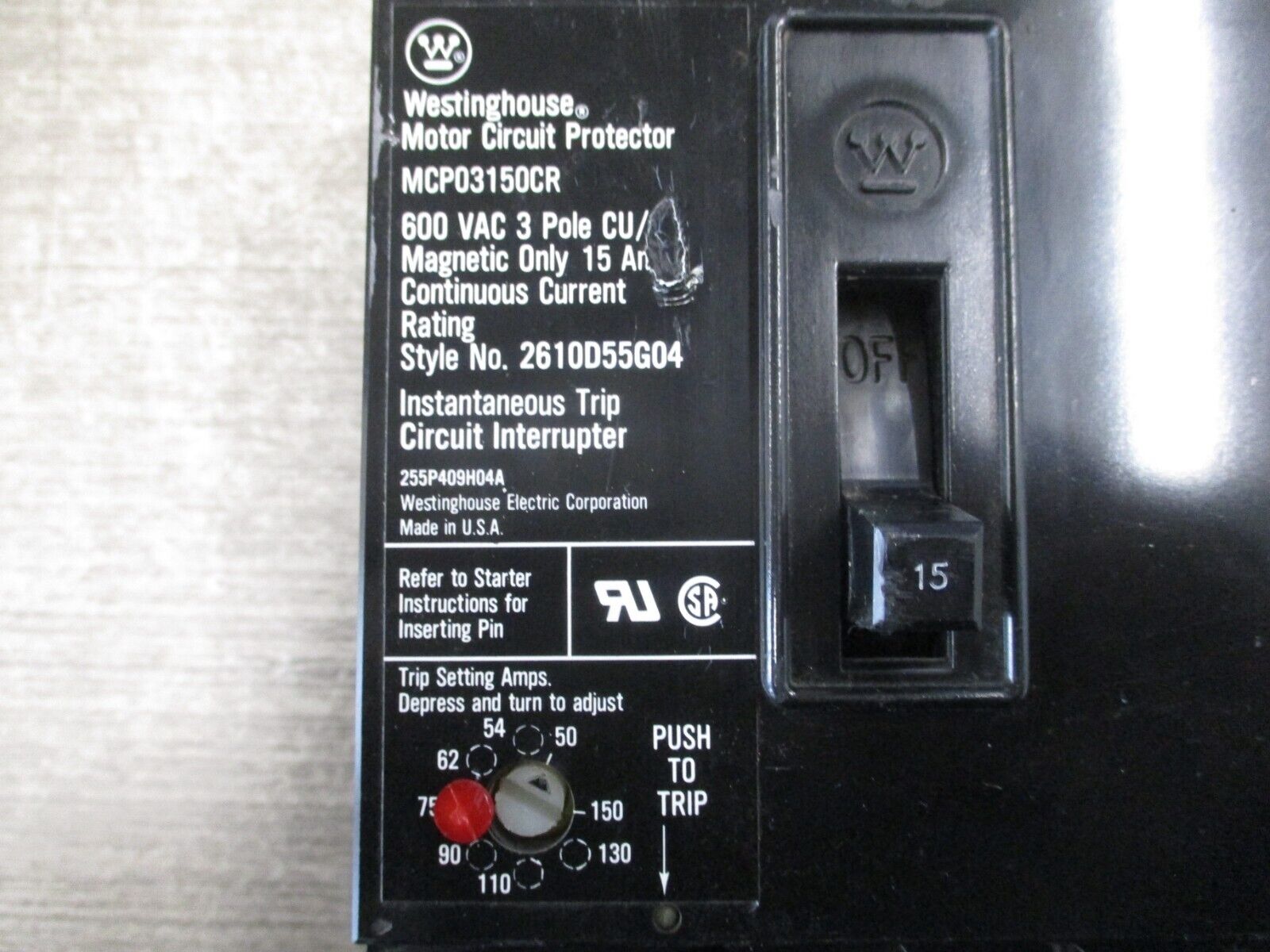 Westinghouse Circuit Breaker MCP03150CR 15A 600V 3P W/Trip Lock Used